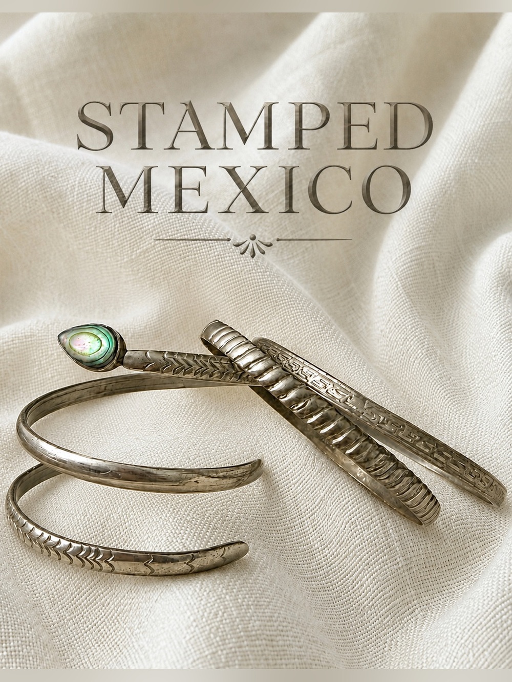 🐍 Set of 3 | Vintage Mexico Serpent Abalone Cuff & 2 Silver Tone Bangles